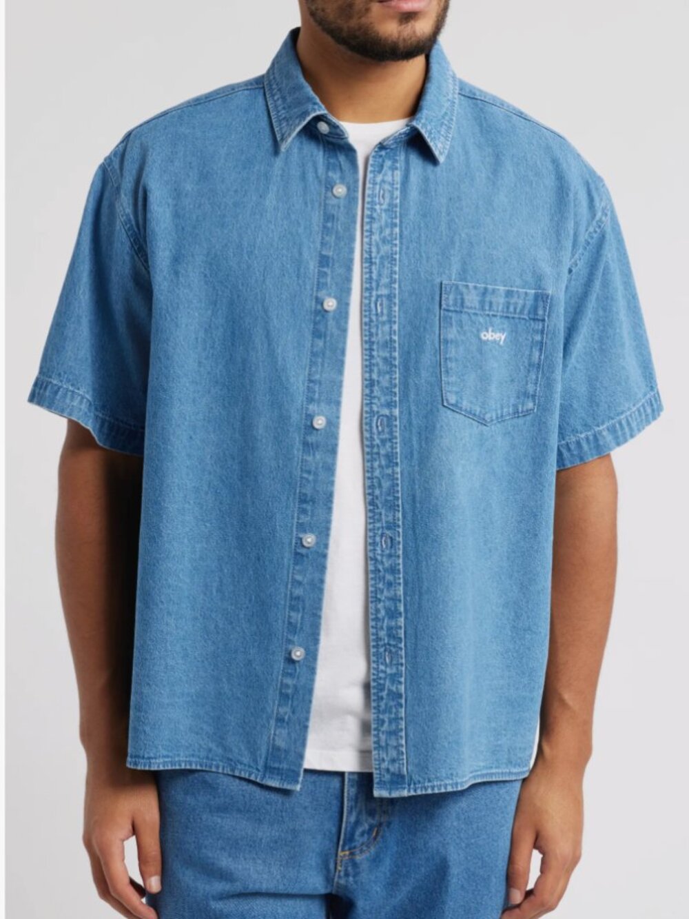 Obey Loose Fit Short Sleeve Cotton Denim Button-Up Shirt in Medium